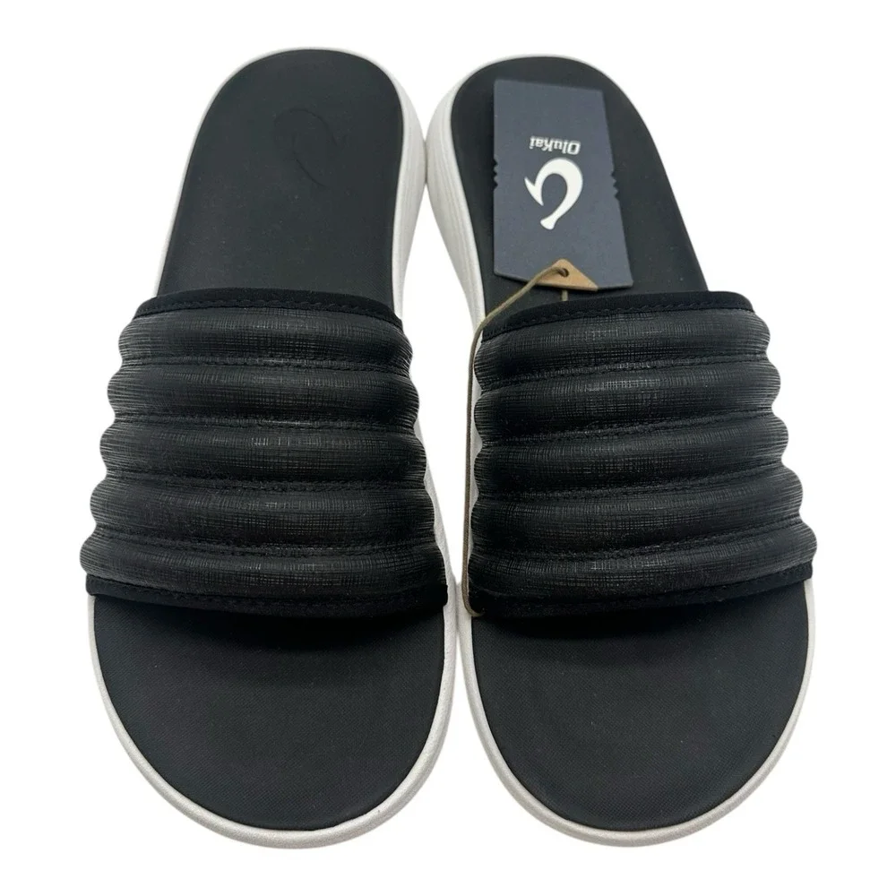Olukai Komo Slides Men's Size 13 Black White Cushioned Beach Sandals Slip On NWT